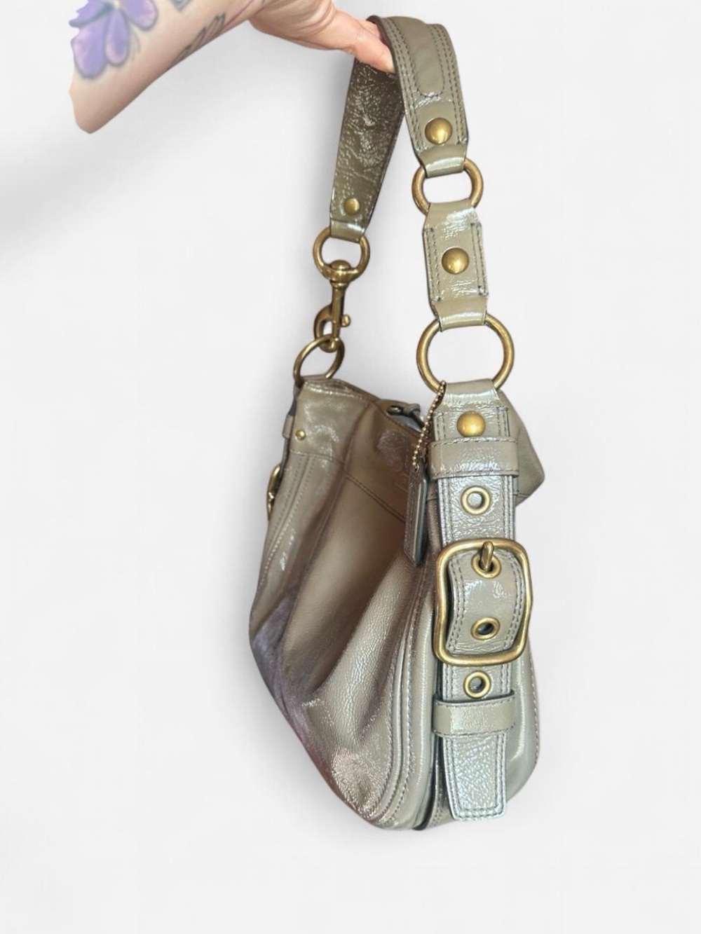 Patent Leather Coach Metallic Olive Shoulder Bag with Brass Hardware